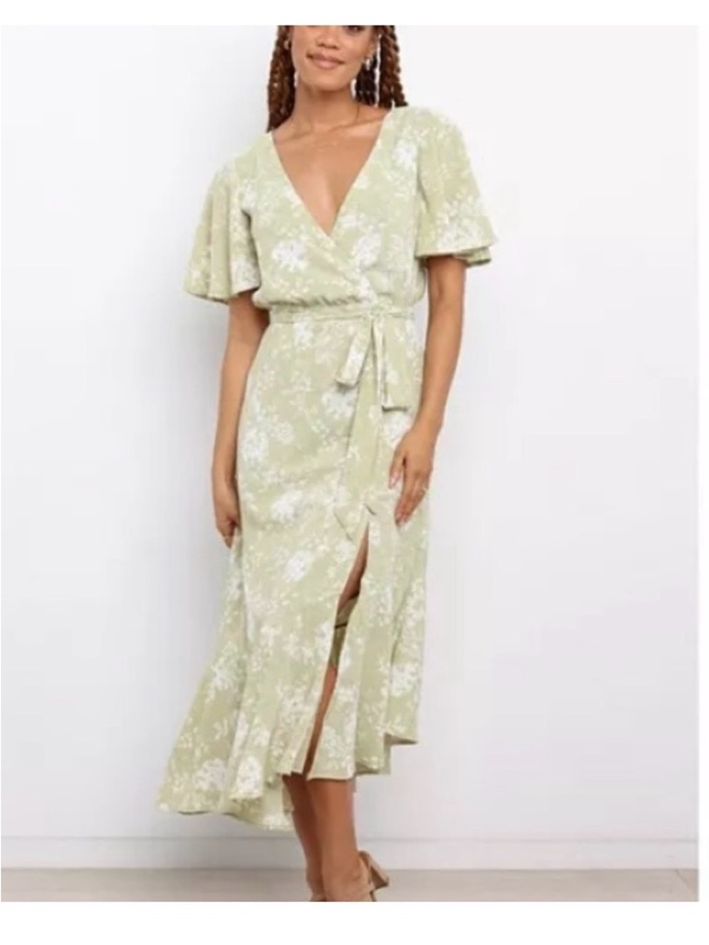 Petal and Pup Light Green Floral  Faux Wrap Midi Dress with Tie Waist